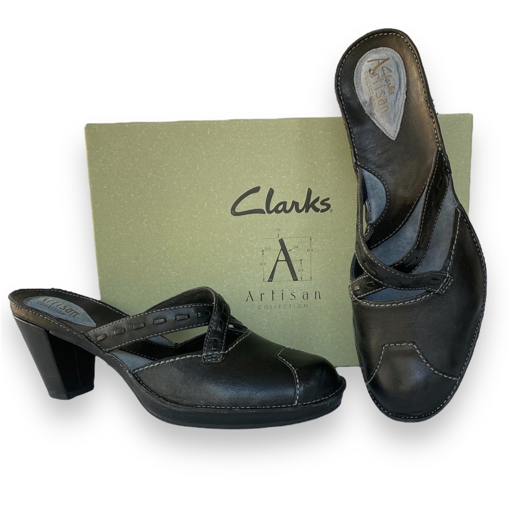 Clarks Black Leather Mules with Open Back